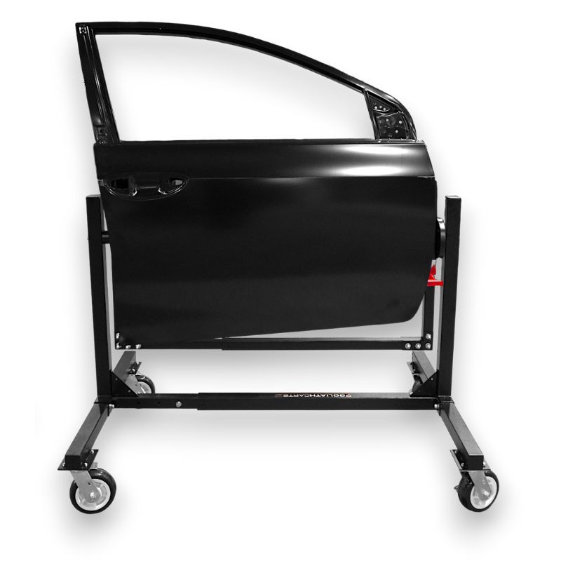 Pro ReFinish Door Stand by Goliath Carts holding an automotive door panel